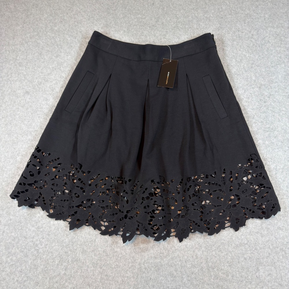BCBGMAXAZRIA Skirt Womens 0 Black Kailin Pleated Ponti Laser Cut Hem Academia